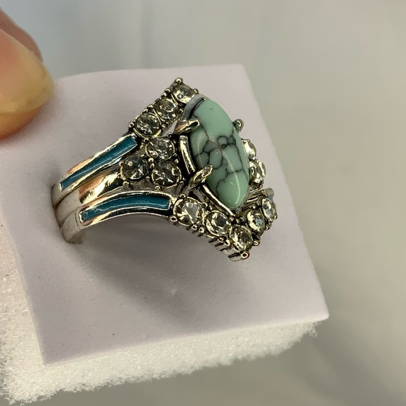 New three in one Turquoise Ring with Mojssanite Silver plated 3 piece ring set - Picture 5 of 8